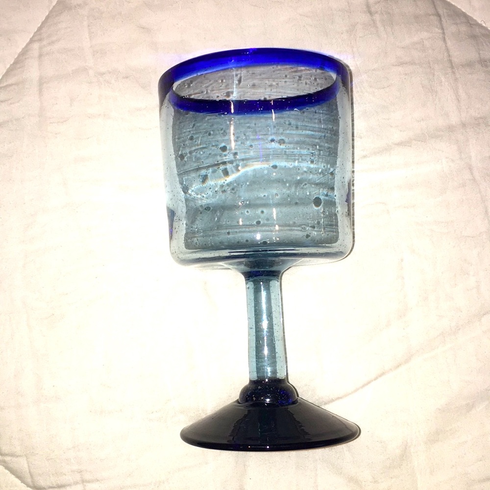 Hand blown blue ombré rim & base heavy glass stem wine water ceremony goblet